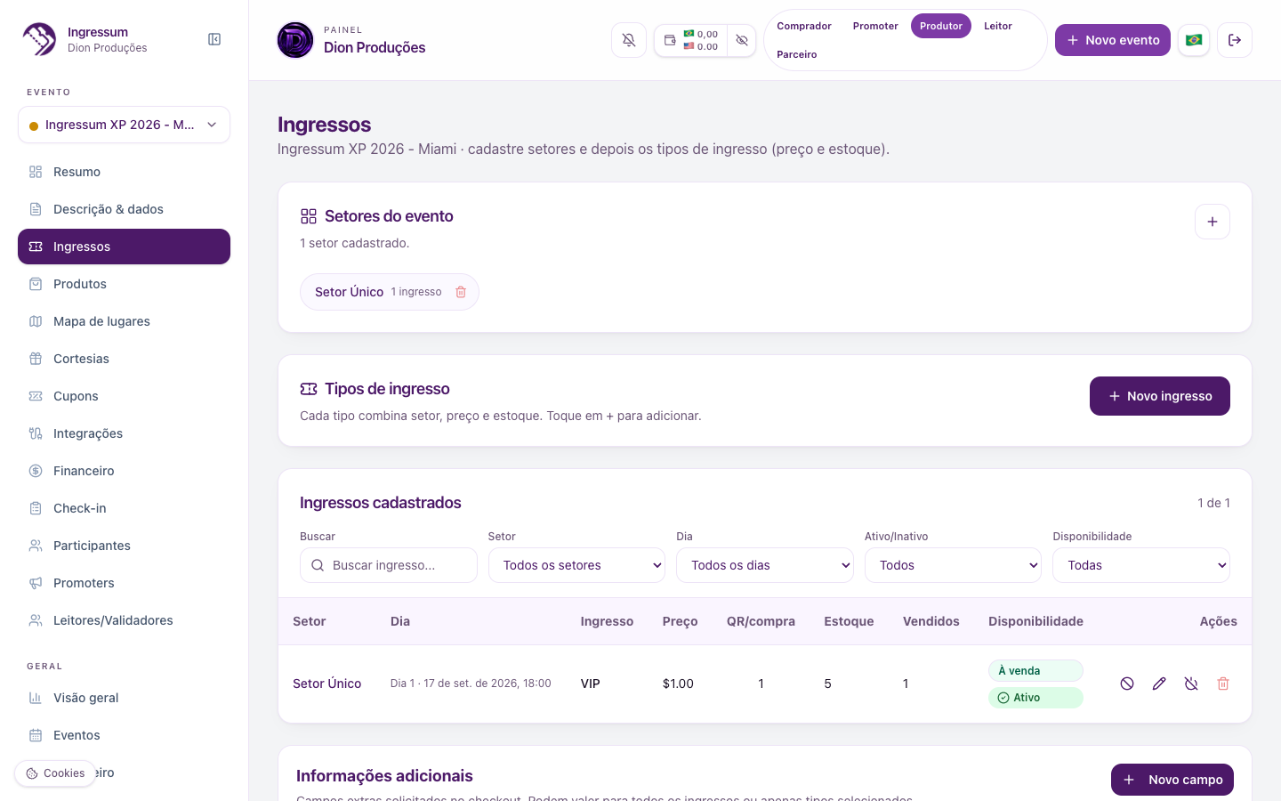 Cadastro de tipo de ingresso com descrição formatada